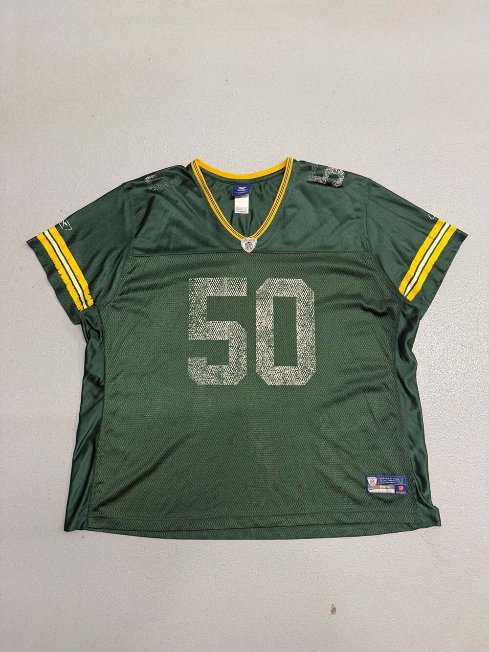 Faded Reebok Green Bay Packers AJ Hawk #50 Women's Sequined Jersey 4XL